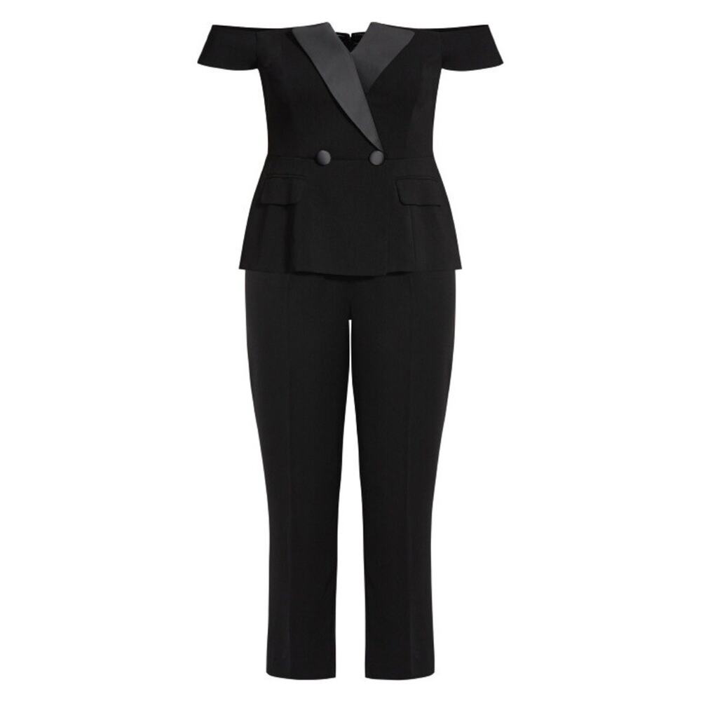 City Chic Sexy Tux Jumpsuit Womens Plus Size 18 Off The Shoulder Black Menswear - Picture 2 of 7
